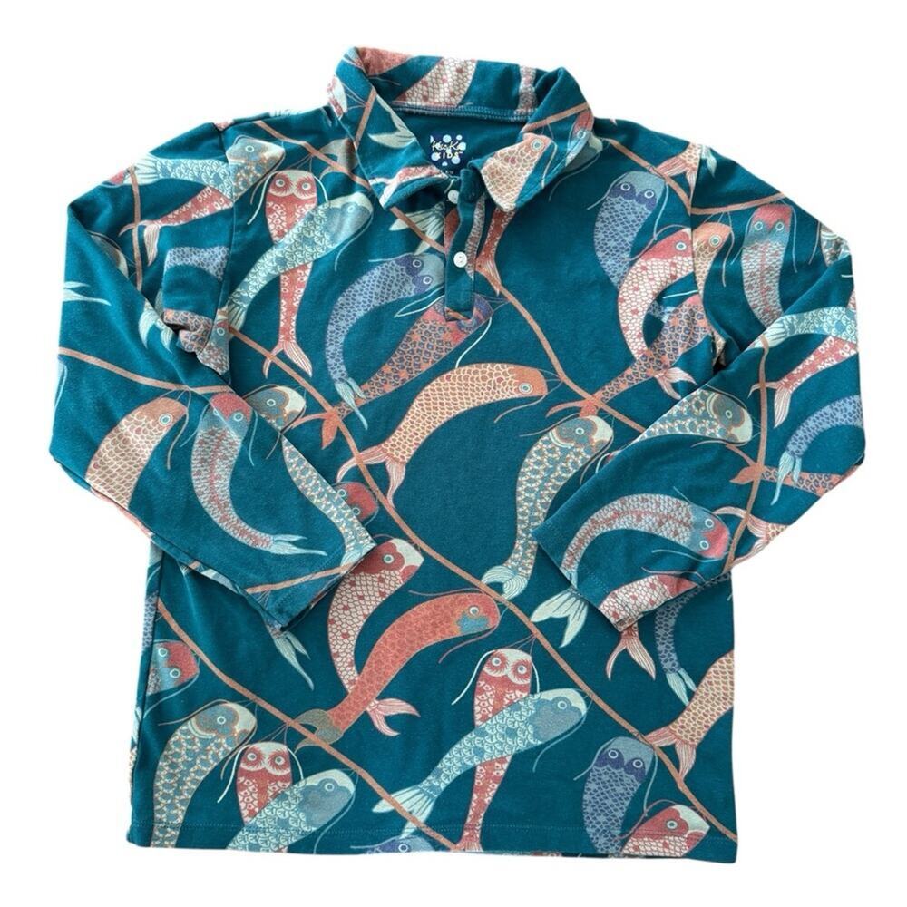 Kickee Pants Kids Long Sleeve Performance Koi Fish Polo Bamboo Teal Sz 8/10